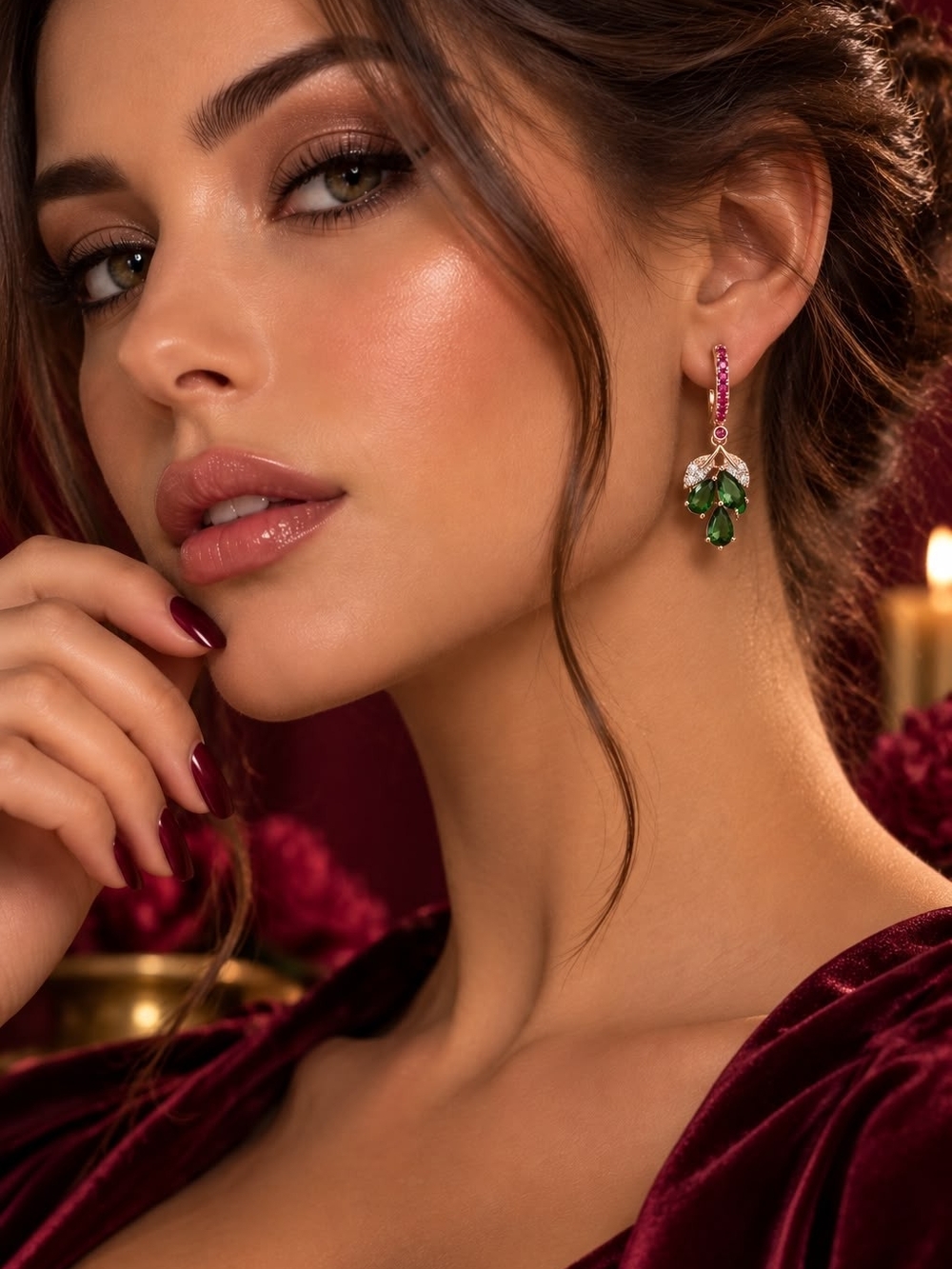 Green Teardrop Dangle Earrings with Pink Accents